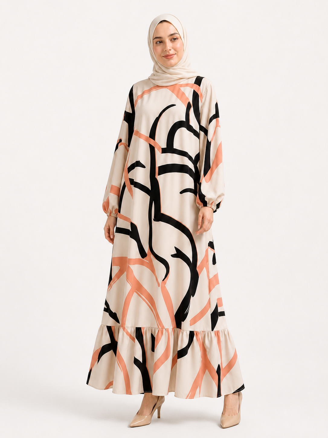 ZOALIN-SKU-COLOR-AUDIT-20260711-P05-01 | Abstract Print Ruffle-Hem Maxi Dress | Abstract Beige front view