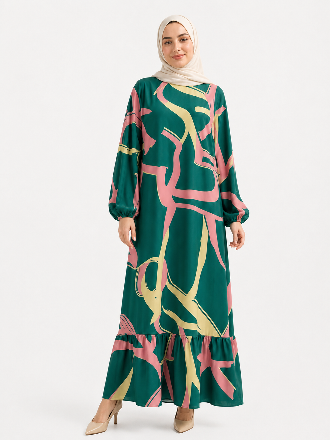 ZOALIN-SKU-COLOR-AUDIT-20260711-P05-02 | Abstract Print Ruffle-Hem Maxi Dress | Abstract Green front view
