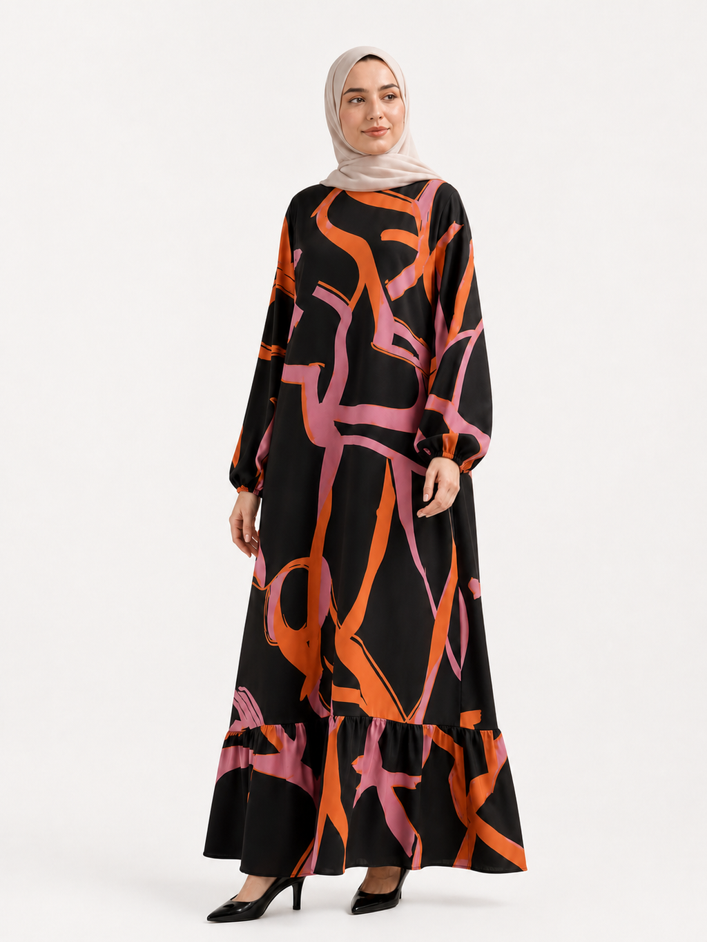 ZOALIN-SKU-COLOR-AUDIT-20260711-P05-03 | Abstract Print Ruffle-Hem Maxi Dress | Abstract Orange front view