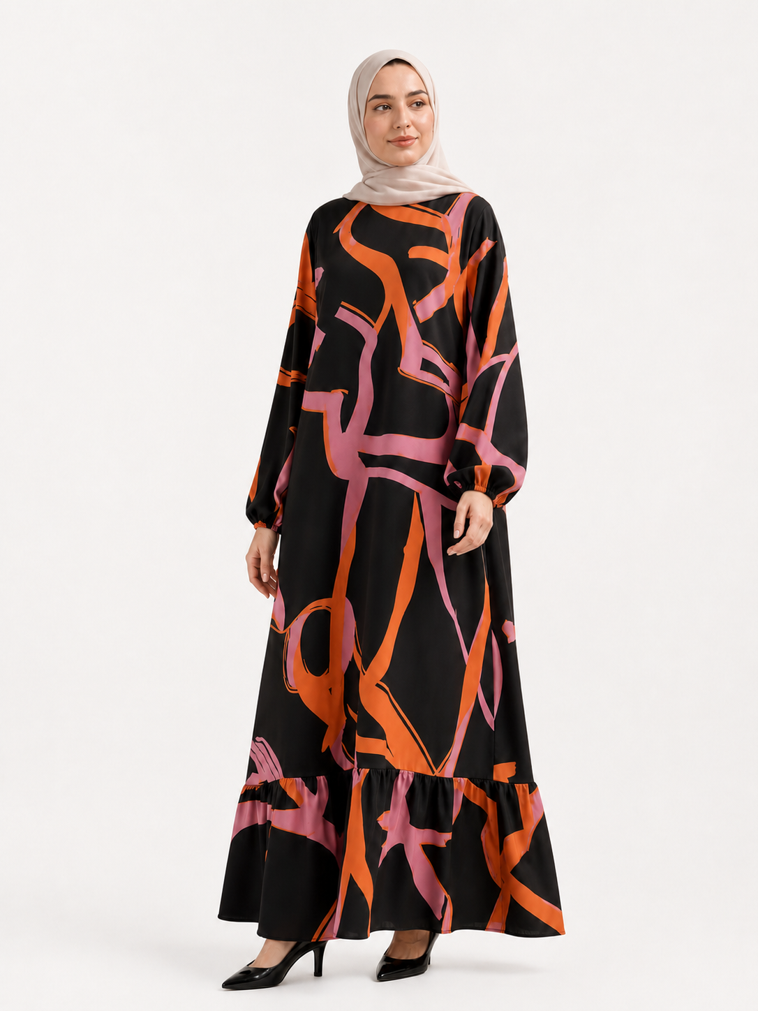 ZOALIN-SKU-COLOR-AUDIT-20260711-P05-03 | Abstract Print Ruffle-Hem Maxi Dress | Abstract Orange front view