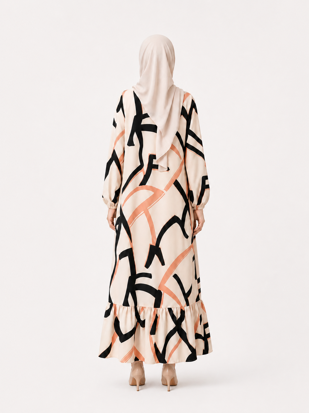 ZOALIN-P05-04-REPLACEMENT-20260711 | Abstract Print Ruffle-Hem Maxi Dress | Abstract Beige back view