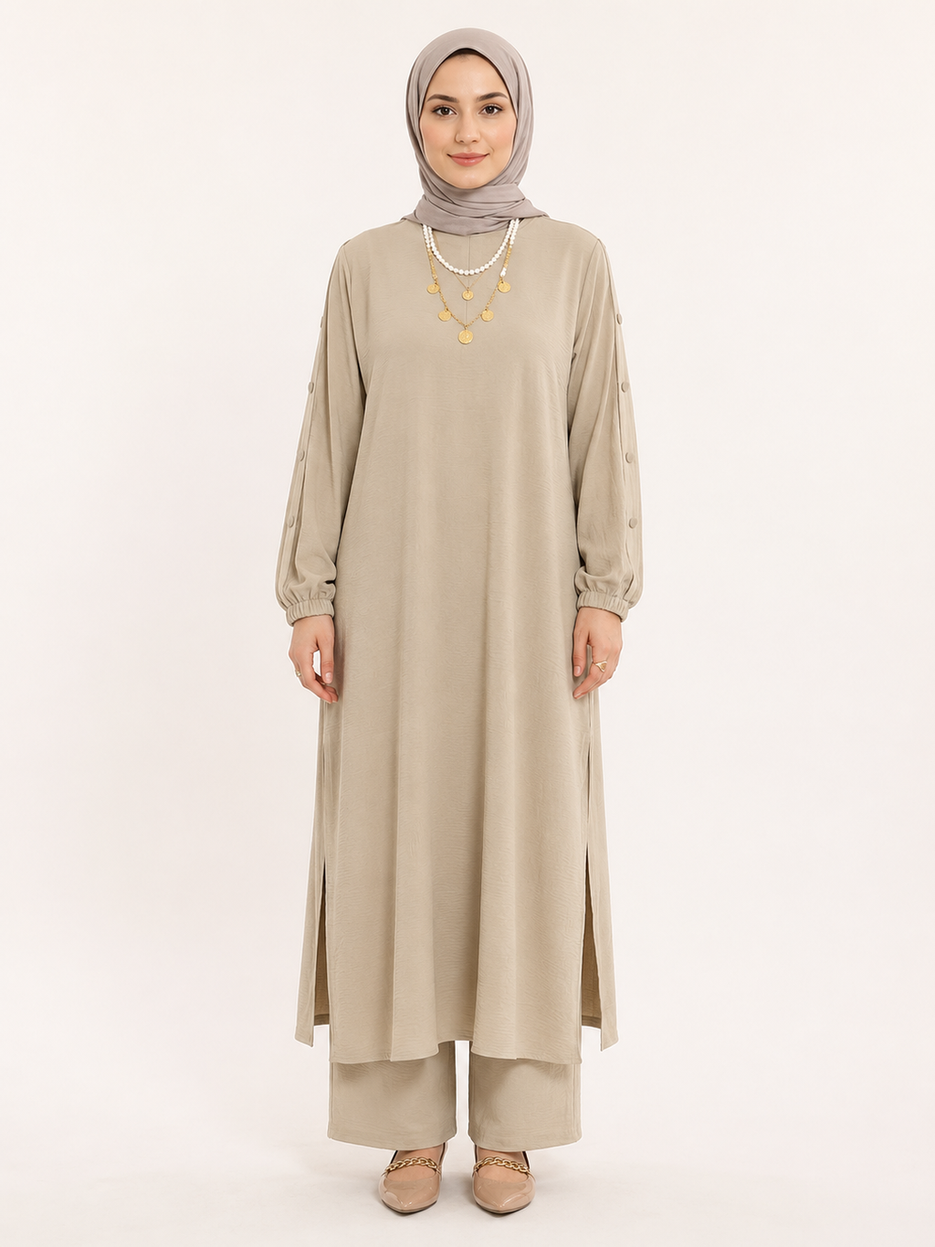 ZOALIN-PRODUCT8-IMAGE-REFRESH-20260713-01 | Elegant Button-Sleeve Tunic & Pants Set | Ivory front