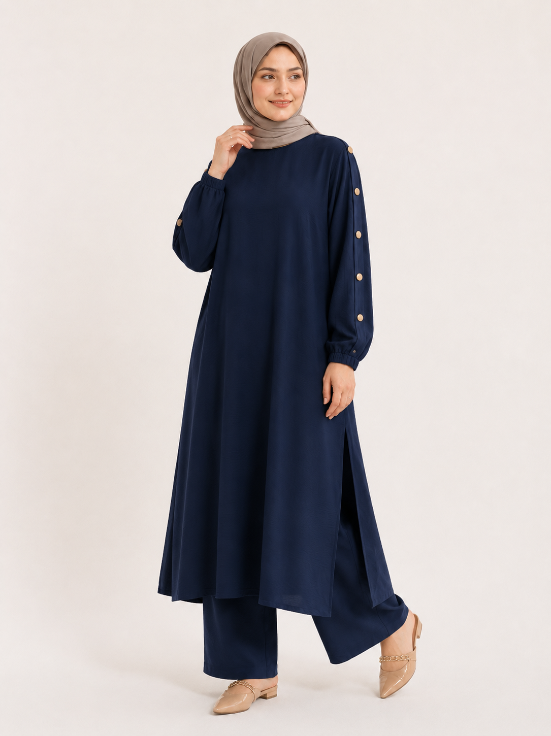 ZOALIN-PRODUCT8-IMAGE-REFRESH-20260713-05 | Elegant Button-Sleeve Tunic & Pants Set | Navy front