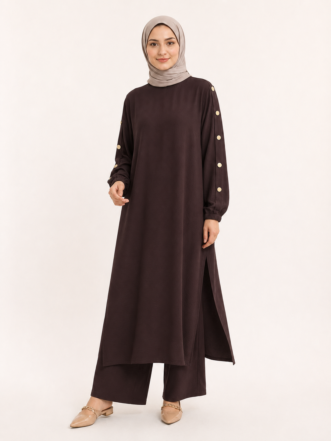 ZOALIN-PRODUCT8-IMAGE-REFRESH-20260713-06 | Elegant Button-Sleeve Tunic & Pants Set | Chocolate front