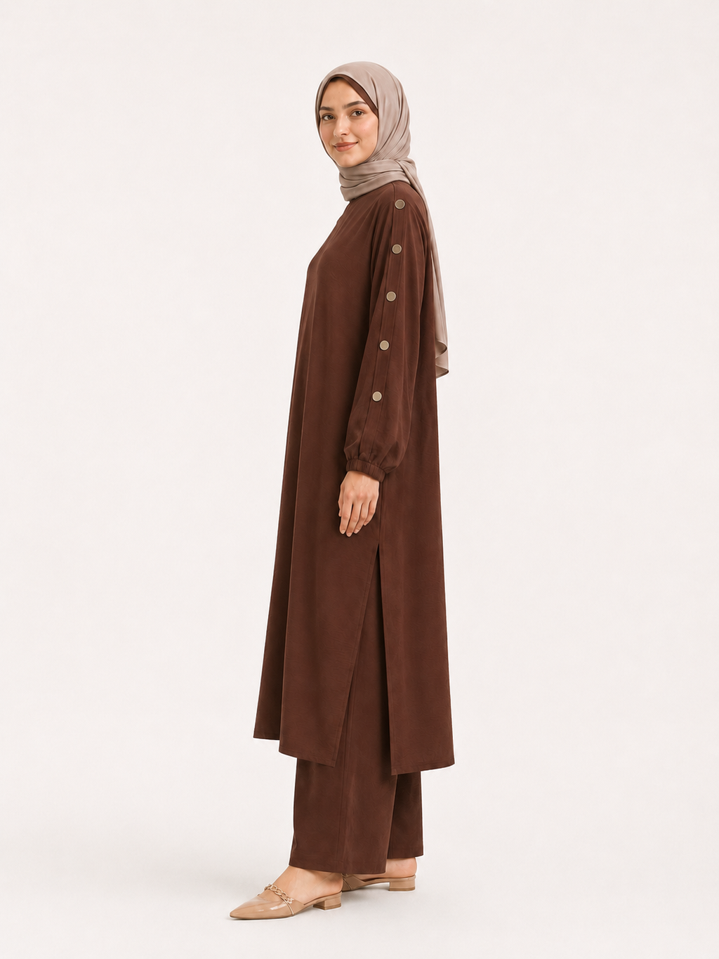 ZOALIN-PRODUCT8-IMAGE-REFRESH-20260713-07 | Elegant Button-Sleeve Tunic & Pants Set | Chocolate side view