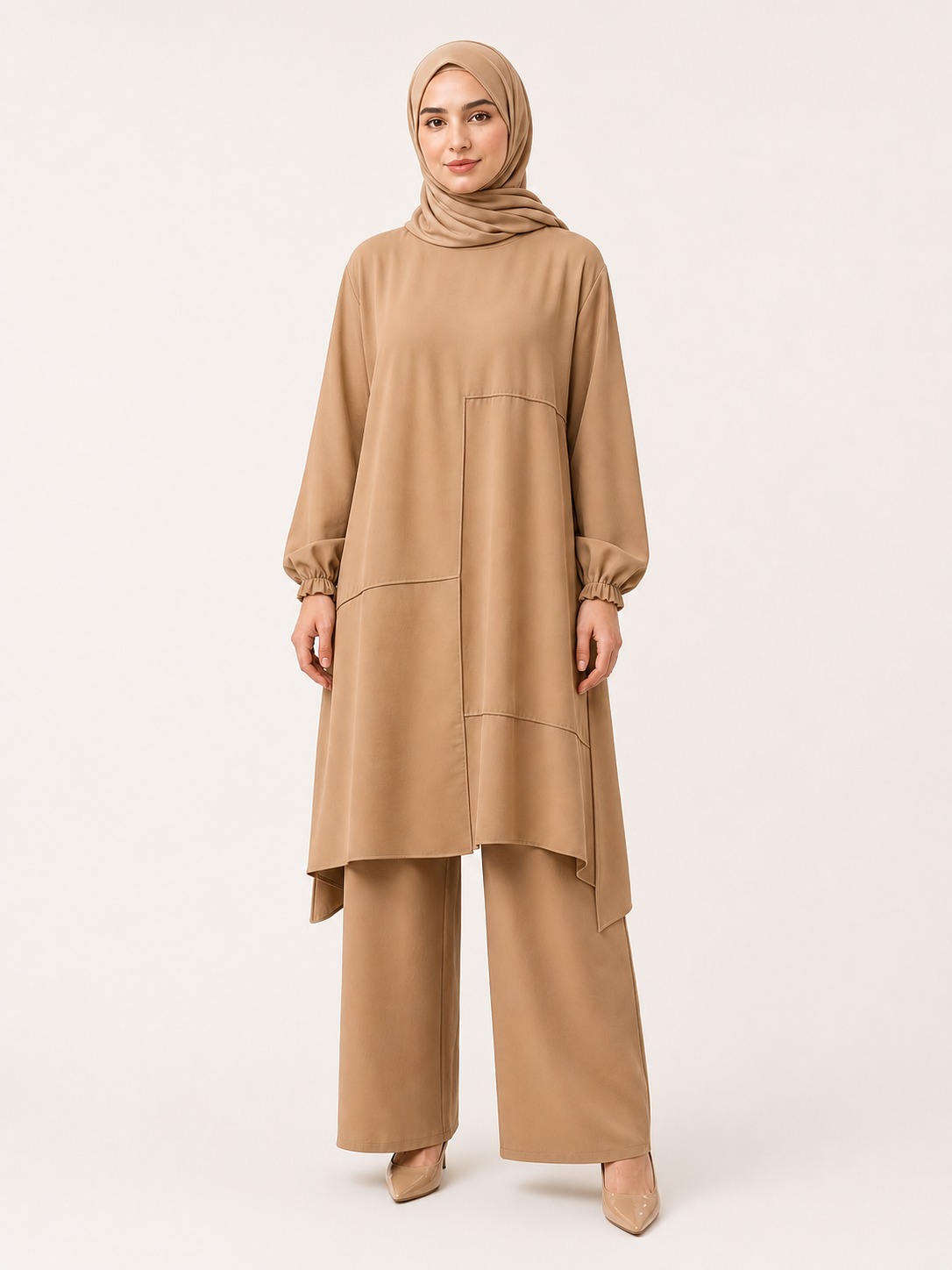ZOALIN-SKU-COLOR-AUDIT-20260711-P01-01 | Everyday Asymmetric Tunic & Pants Set | Khaki front view