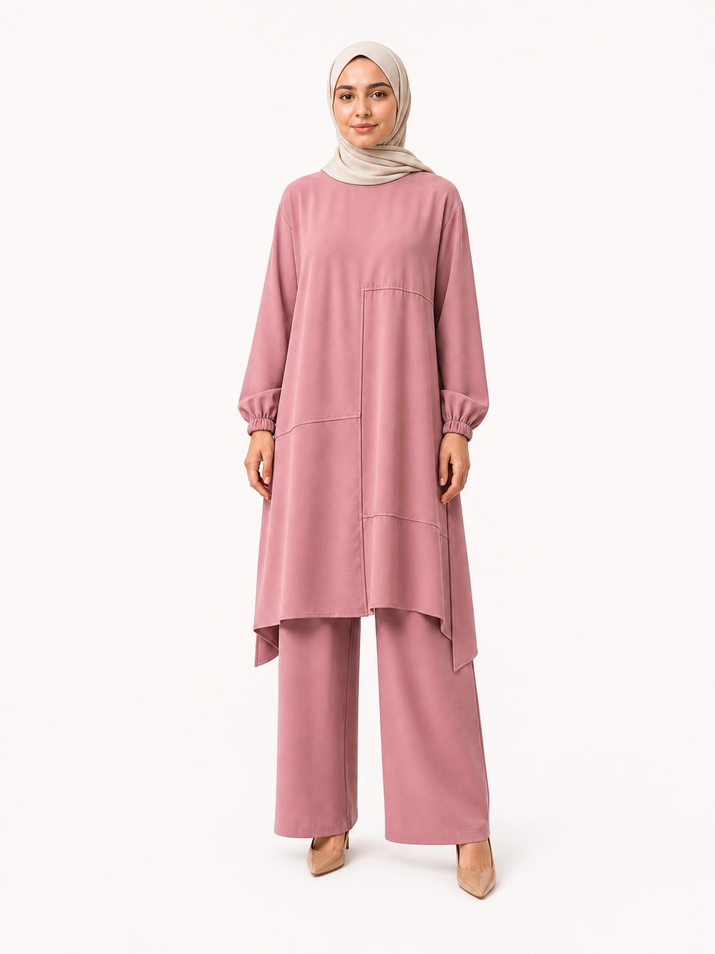 ZOALIN-SKU-COLOR-AUDIT-20260711-P01-04 | Everyday Asymmetric Tunic & Pants Set | Dusty Pink front view