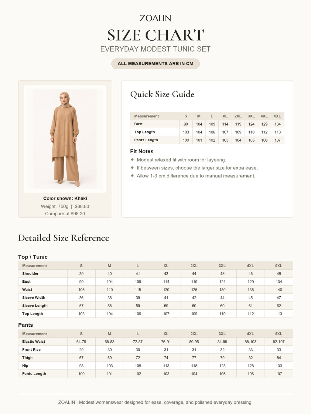 ZOALIN-PRODUCT-ONE-V2-20260711-08 | Everyday Asymmetric Tunic & Pants Set | Size chart and measurements