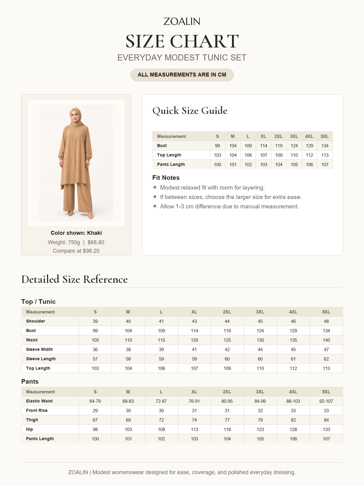 ZOALIN-PRODUCT-ONE-V2-20260711-08 | Everyday Asymmetric Tunic & Pants Set | Size chart and measurements