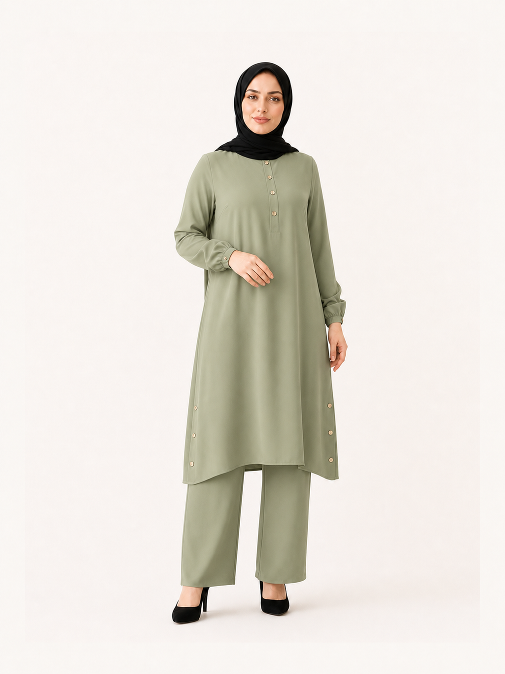 ZOALIN-SKU-COLOR-AUDIT-20260711-P10-01 | Everyday Button-Detail Tunic & Pants Set | Sage front view