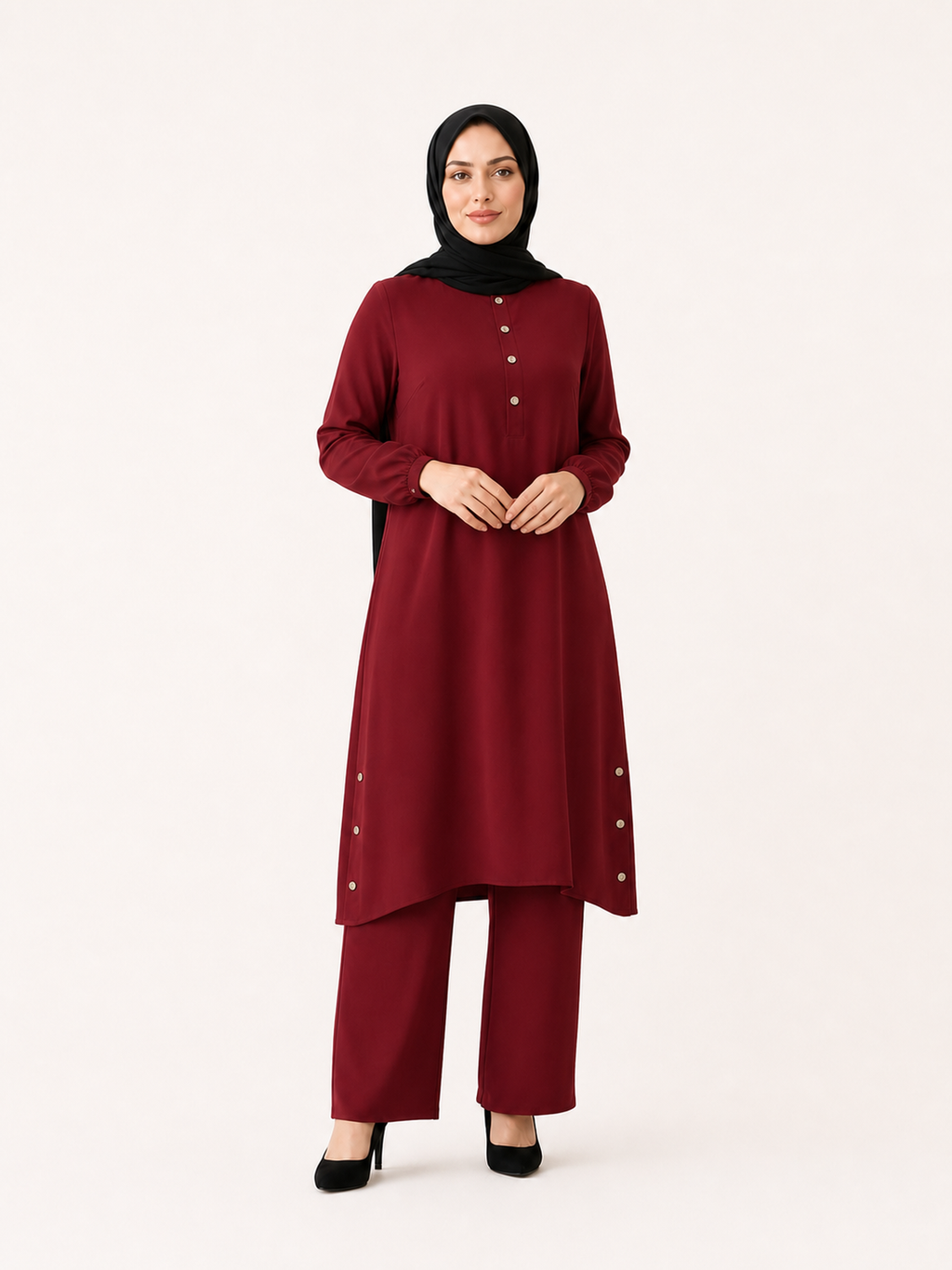 ZOALIN-SKU-COLOR-AUDIT-20260711-P10-04 | Everyday Button-Detail Tunic & Pants Set | Burgundy front view