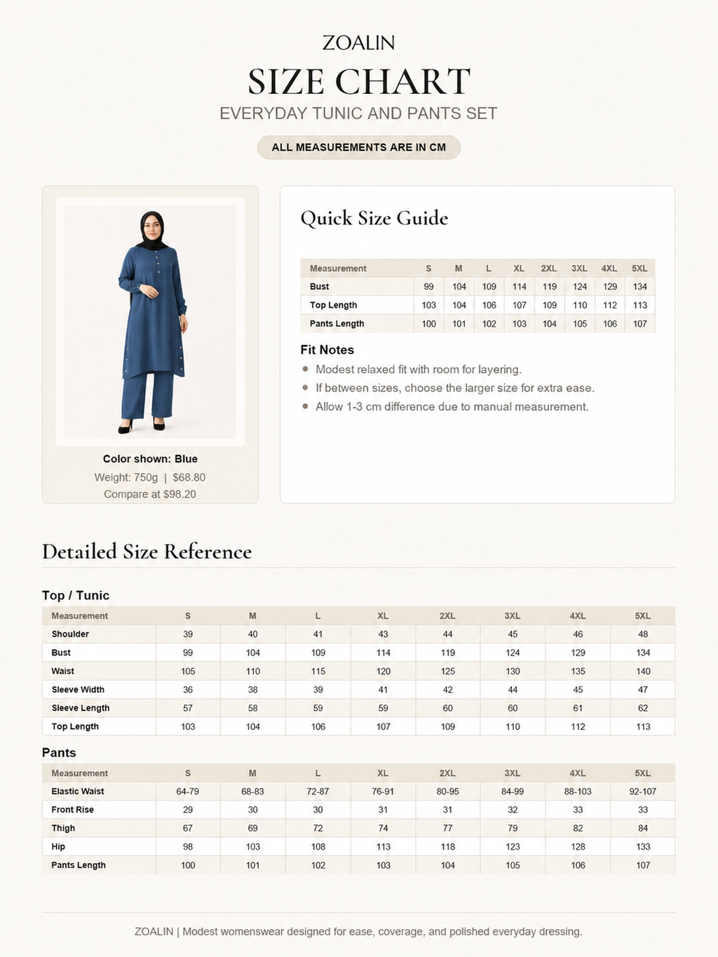 ZOALIN-GALLERY-UNIFIED-1200X1600-20260711-P10-07 | Everyday Button-Detail Tunic & Pants Set | Size chart