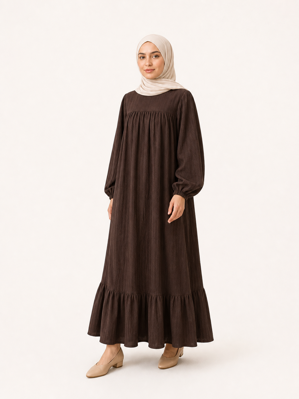 ZOALIN-SKU-COLOR-AUDIT-20260711-P04-01 | Graceful Gathered Ruffle-Hem Maxi Dress | Coffee Brown front view