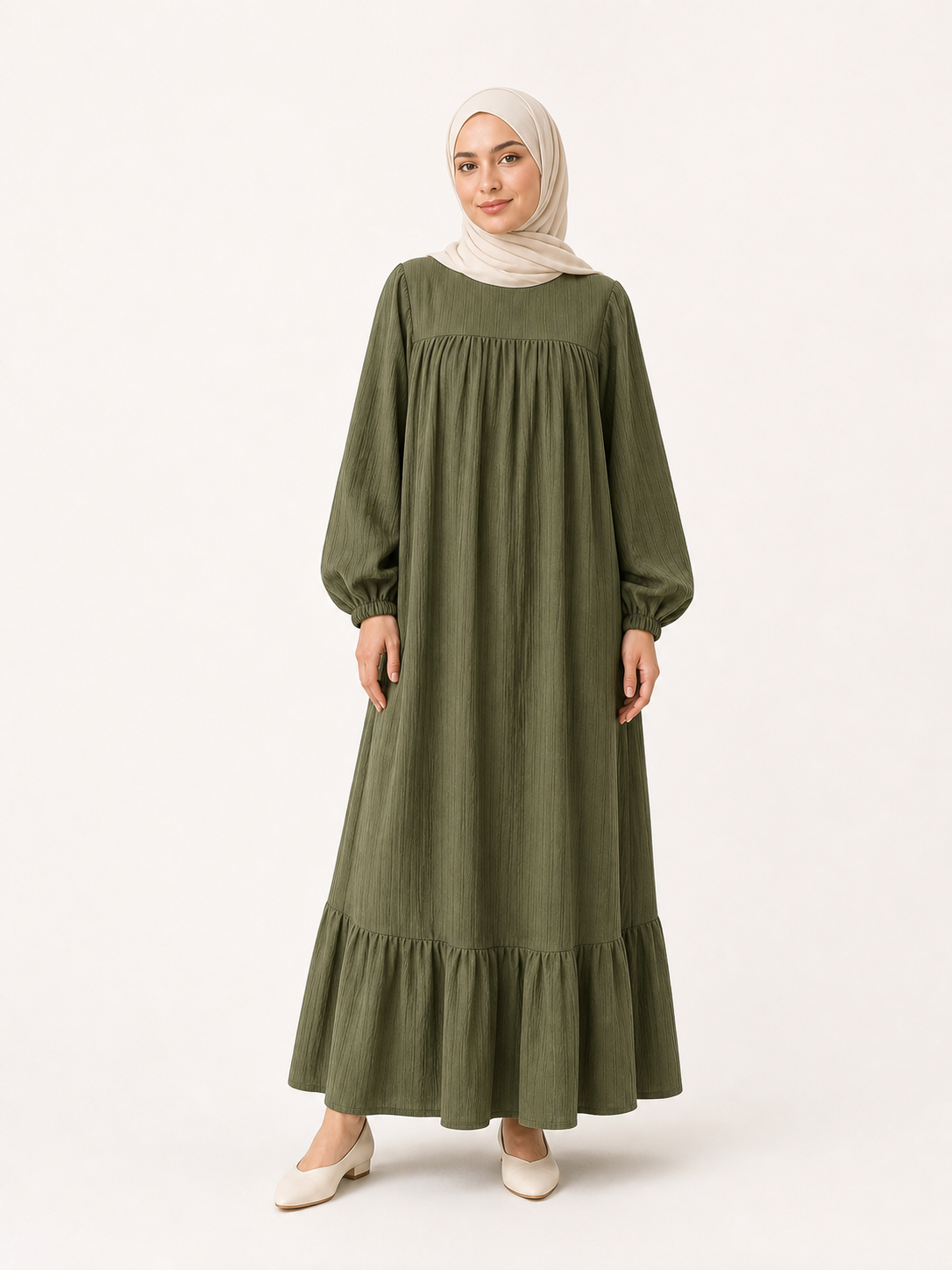 ZOALIN-SKU-COLOR-AUDIT-20260711-P04-02 | Graceful Gathered Ruffle-Hem Maxi Dress | Olive Green front view