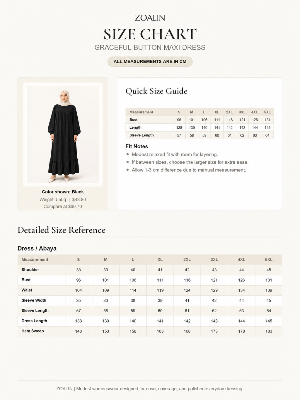 ZOALIN-P04-07-REPLACEMENT-20260711 | Graceful Gathered Ruffle-Hem Maxi Dress | Size chart and measurements