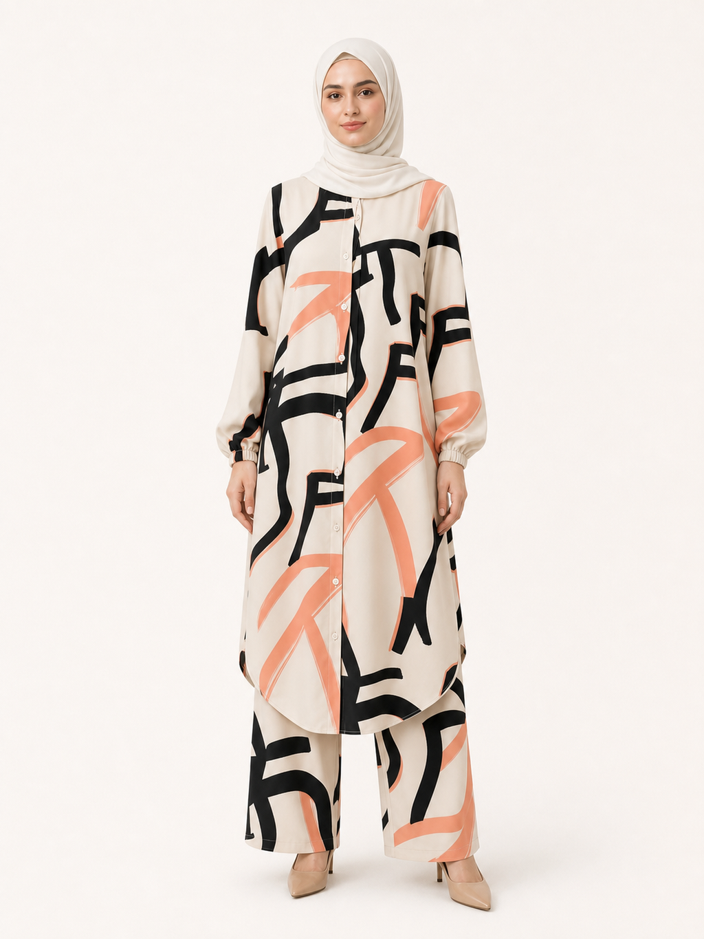 ZOALIN-SKU-COLOR-AUDIT-20260711-P03-02 | Printed Flow Tunic & Wide-Leg Pants Set | Apricot Print front view