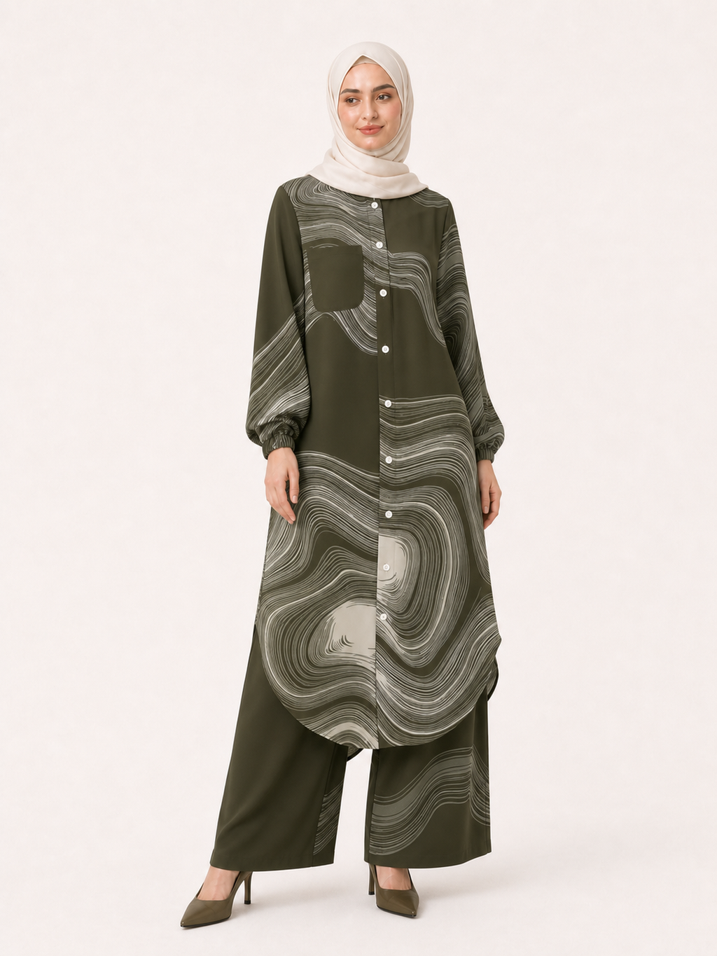ZOALIN-SKU-COLOR-AUDIT-20260711-P03-05 | Printed Flow Tunic & Wide-Leg Pants Set | Olive Print front view