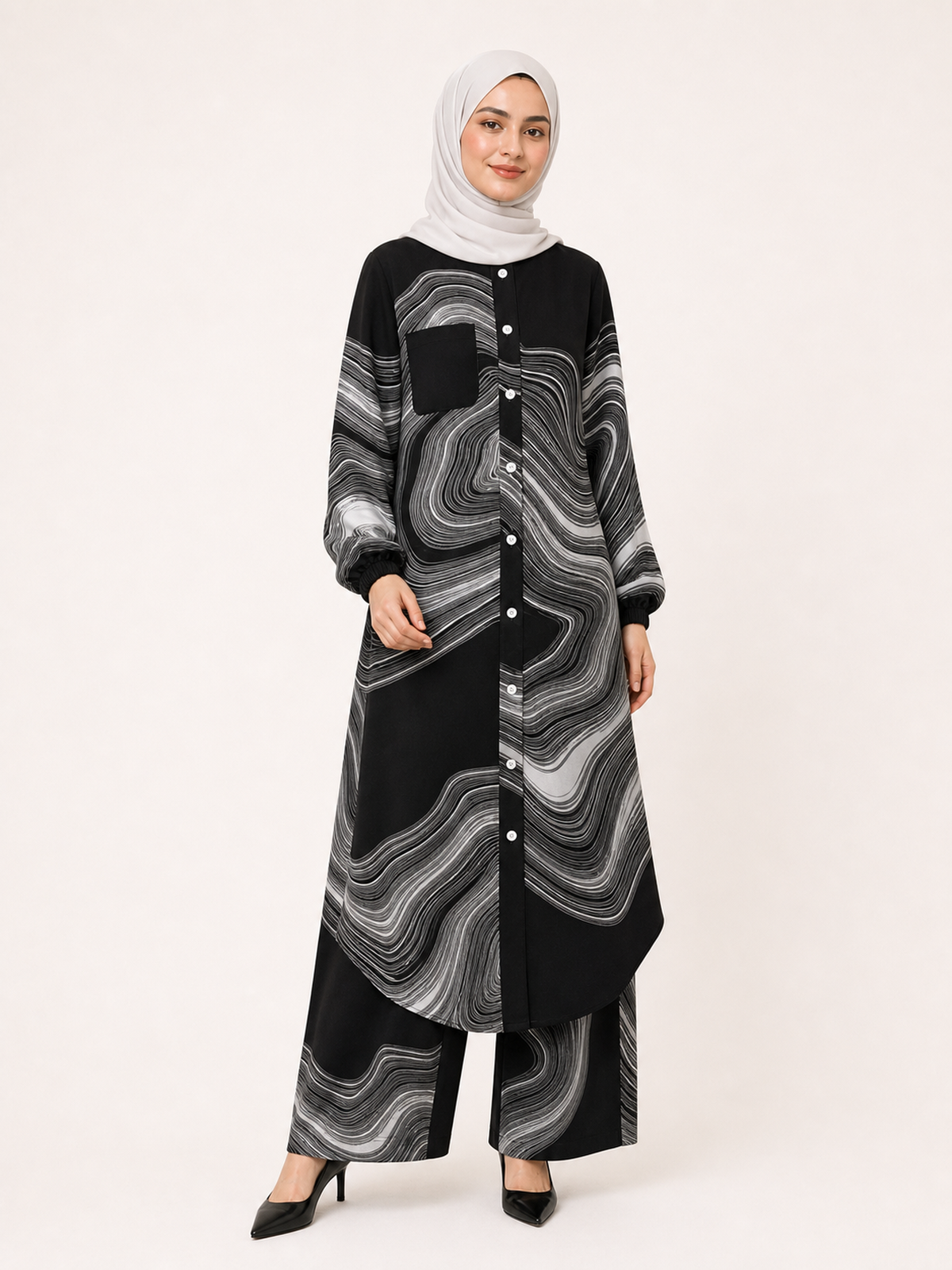 ZOALIN-SKU-COLOR-AUDIT-20260711-P03-07 | Printed Flow Tunic & Wide-Leg Pants Set | Black White Print front view