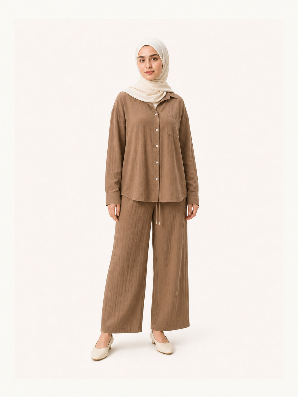 ZOALIN-SKU-COLOR-AUDIT-20260711-P07-01 | Relaxed Button Shirt & Wide-Leg Pants Set | Mocha front view
