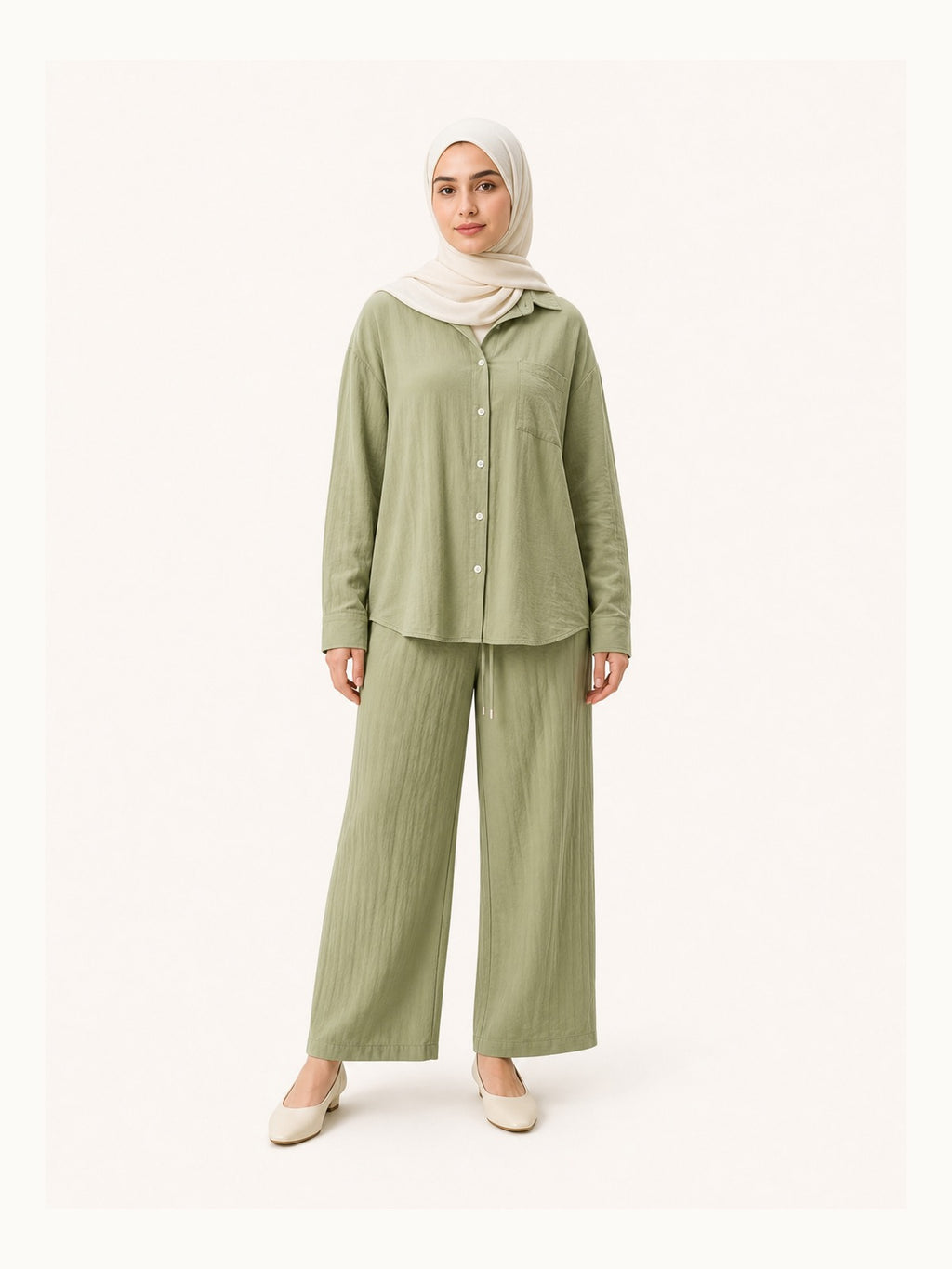 ZOALIN-SKU-COLOR-AUDIT-20260711-P07-02 | Relaxed Button Shirt & Wide-Leg Pants Set | Sage front view