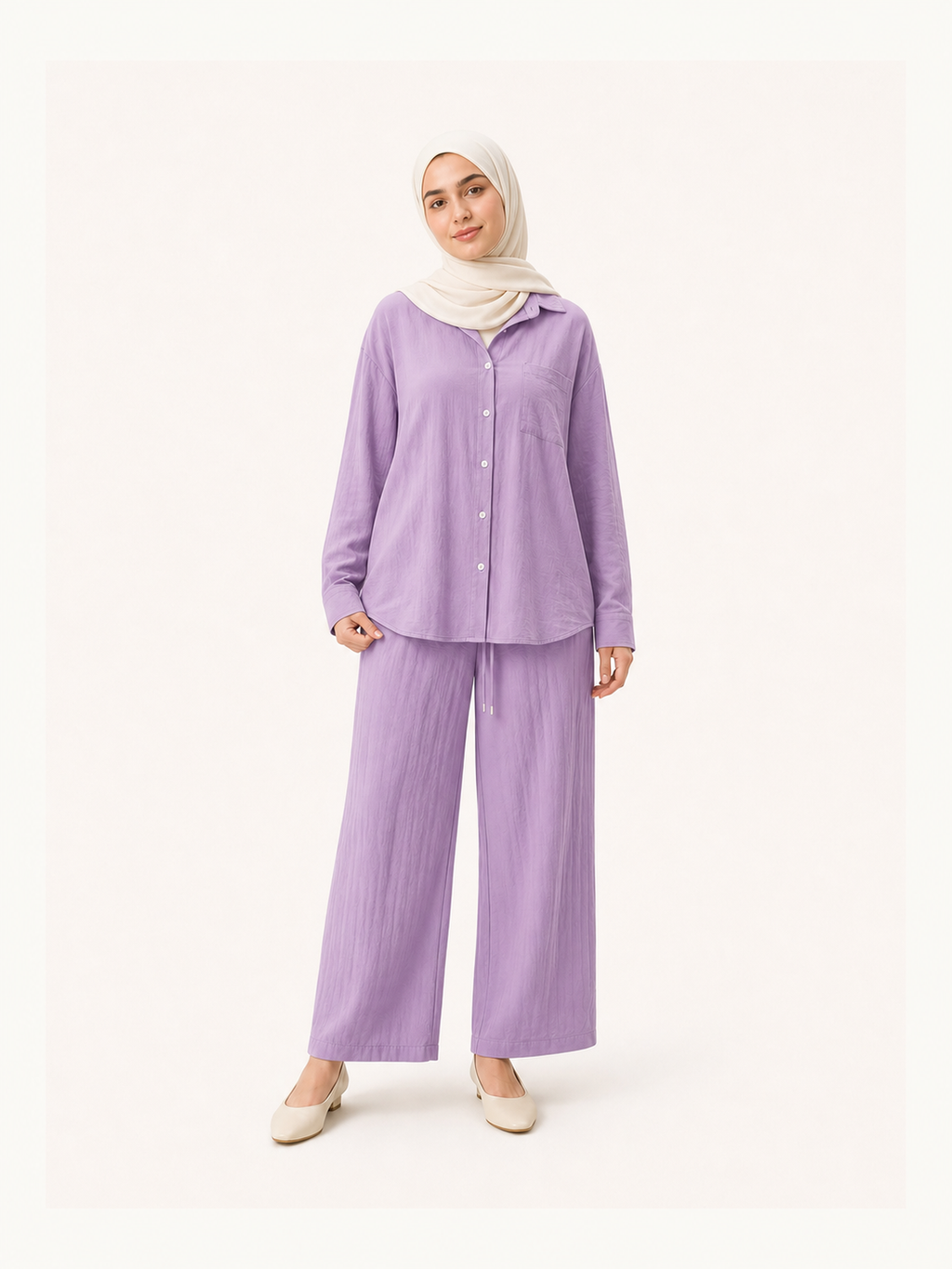 ZOALIN-SKU-COLOR-AUDIT-20260711-P07-06 | Relaxed Button Shirt & Wide-Leg Pants Set | Lavender front view