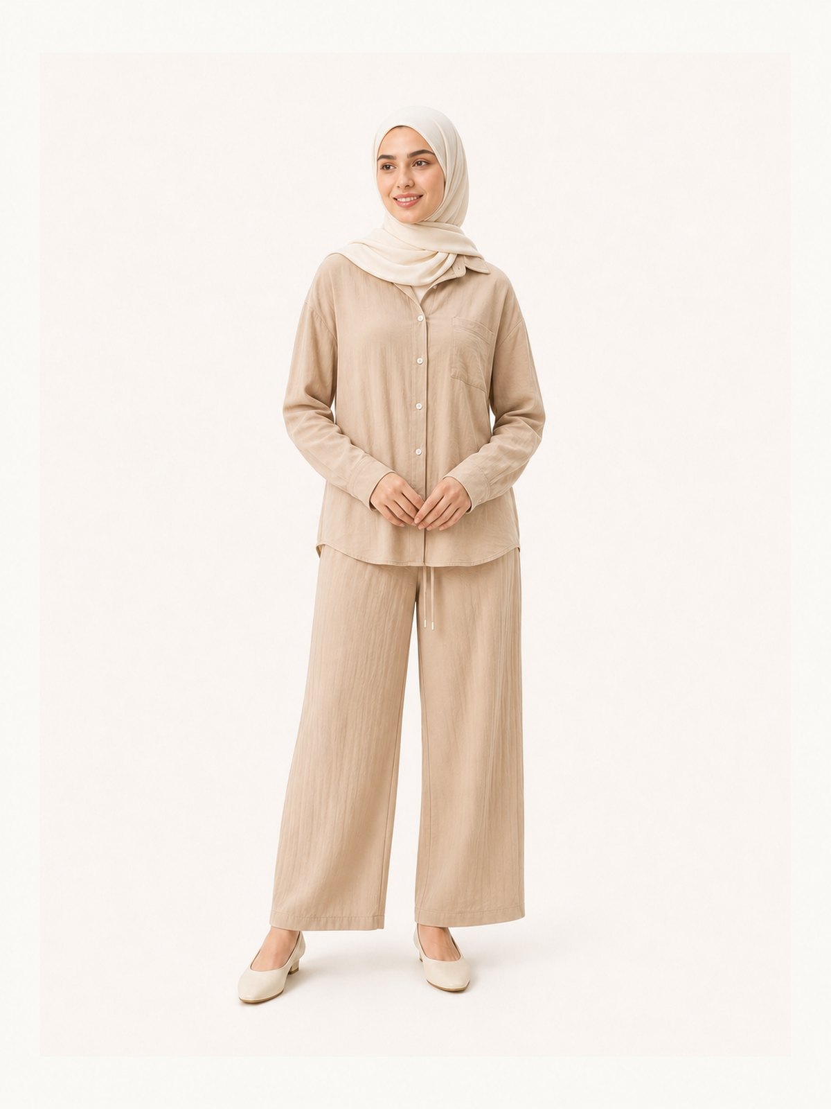 ZOALIN-SKU-COLOR-AUDIT-20260711-P07-07 | Relaxed Button Shirt & Wide-Leg Pants Set | Sand front view