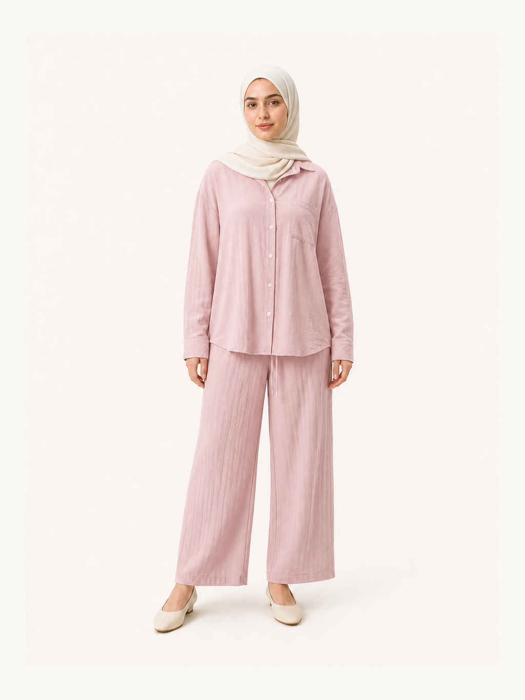 ZOALIN-SKU-COLOR-AUDIT-20260711-P07-08 | Relaxed Button Shirt & Wide-Leg Pants Set | Blush front view