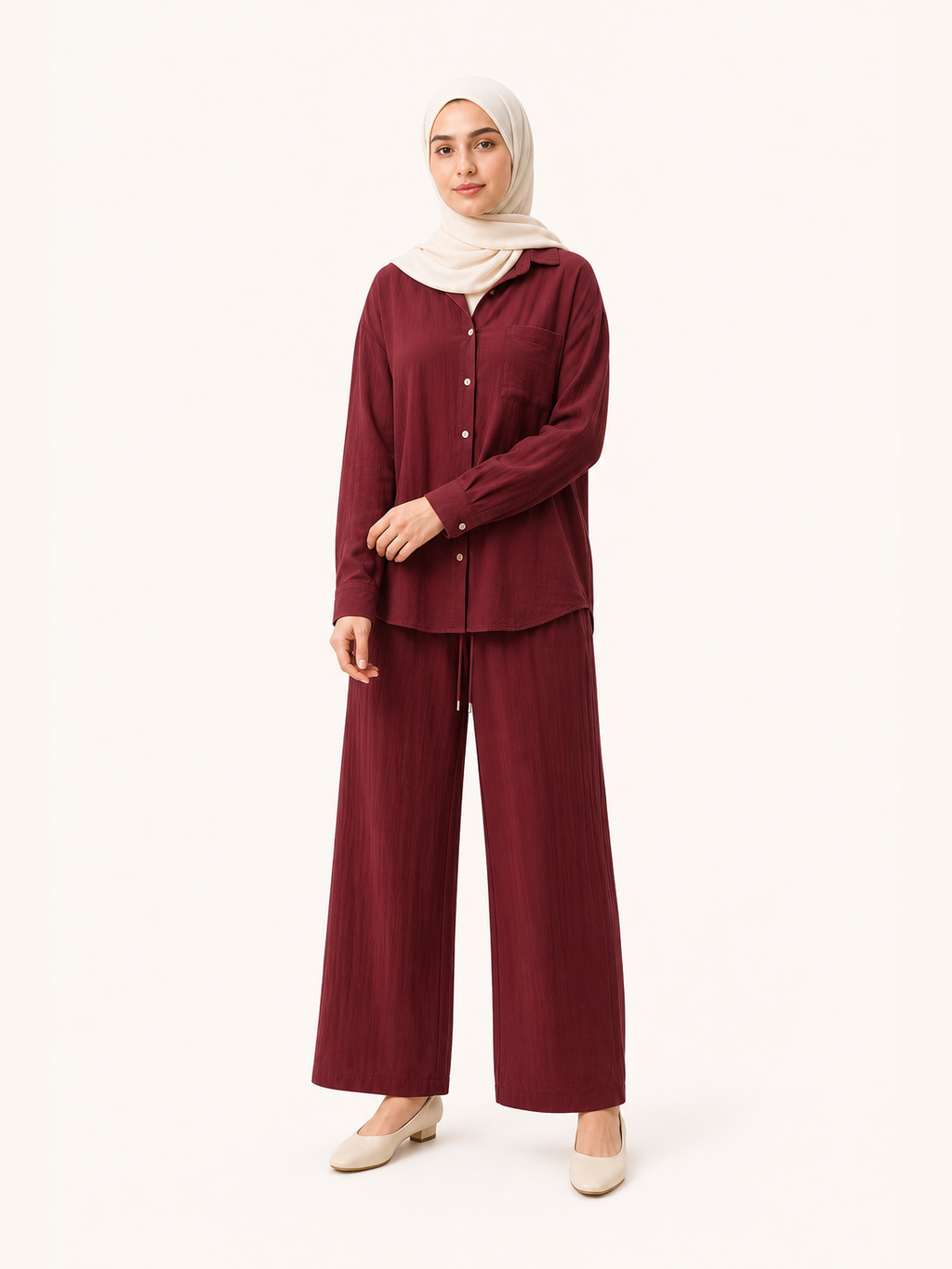 ZOALIN-SKU-COLOR-AUDIT-20260711-P07-09 | Relaxed Button Shirt & Wide-Leg Pants Set | Burgundy front view