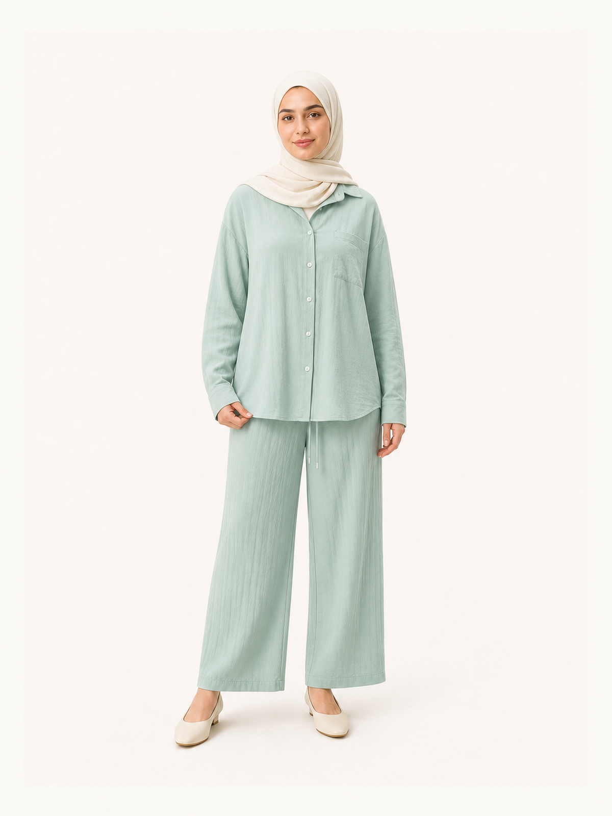 ZOALIN-SKU-COLOR-AUDIT-20260711-P07-10 | Relaxed Button Shirt & Wide-Leg Pants Set | Mint front view