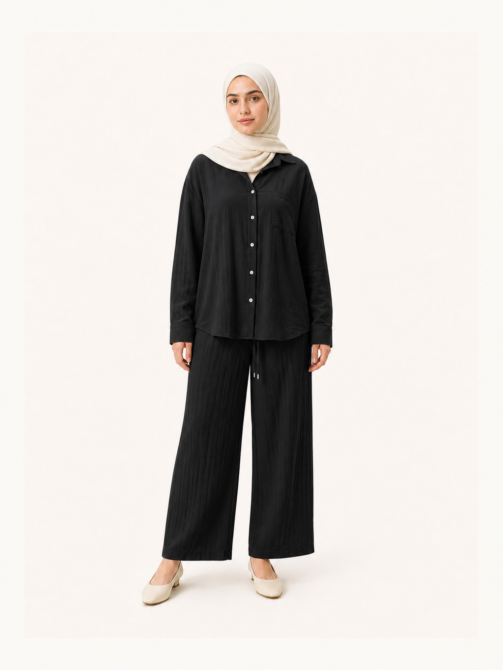 ZOALIN-SKU-COLOR-AUDIT-20260711-P07-11 | Relaxed Button Shirt & Wide-Leg Pants Set | Black front view