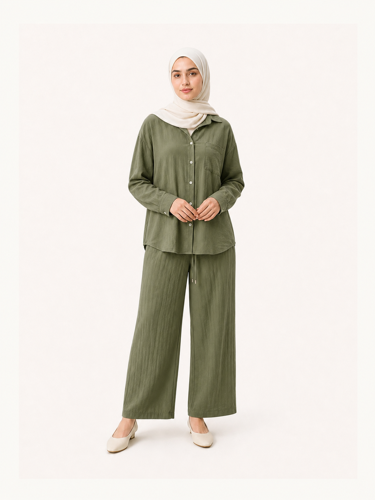 ZOALIN-SKU-COLOR-AUDIT-20260711-P07-12 | Relaxed Button Shirt & Wide-Leg Pants Set | Olive front view