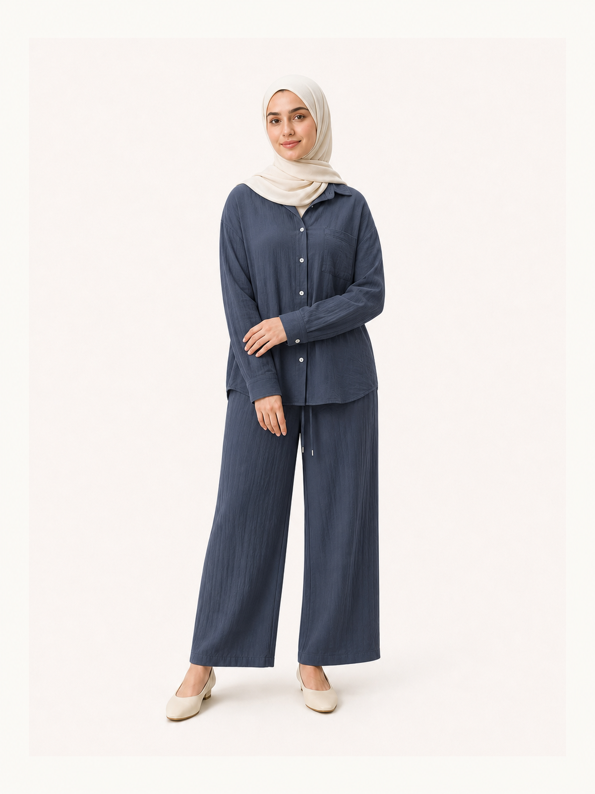ZOALIN-SKU-COLOR-AUDIT-20260711-P07-13 | Relaxed Button Shirt & Wide-Leg Pants Set | Navy front view