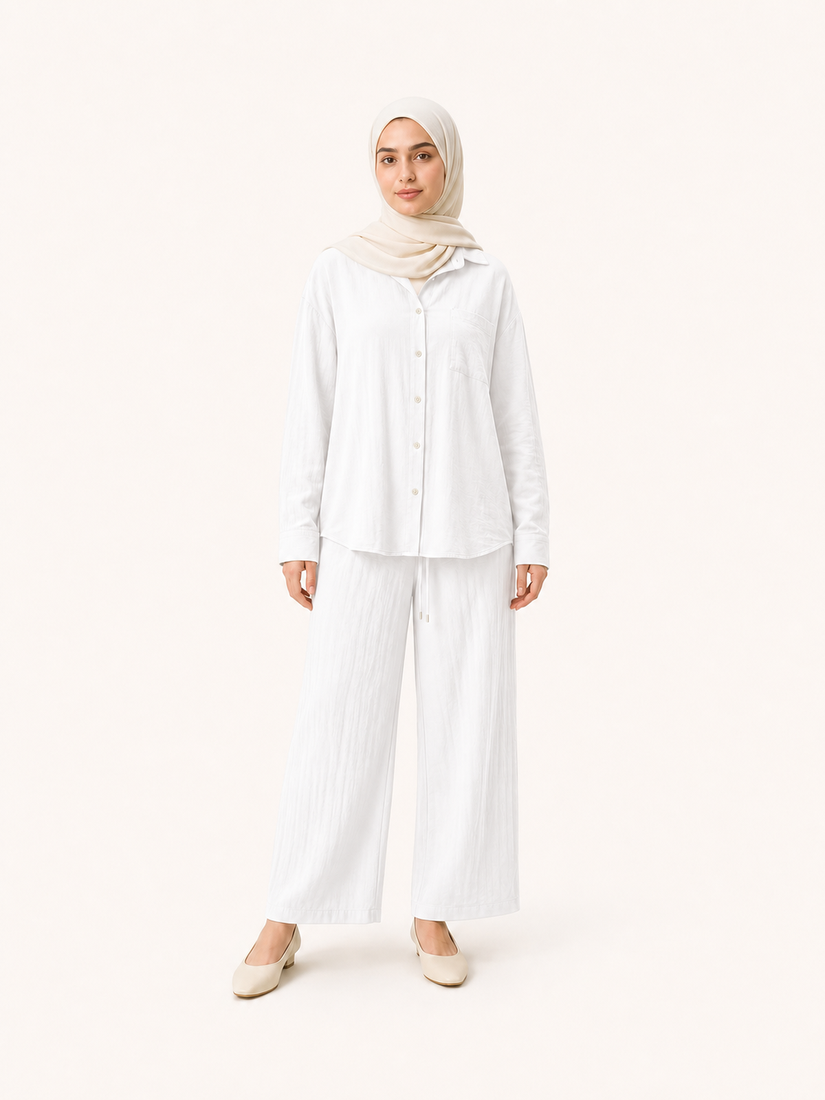 ZOALIN-SKU-COLOR-AUDIT-20260711-P07-14 | Relaxed Button Shirt & Wide-Leg Pants Set | White front view