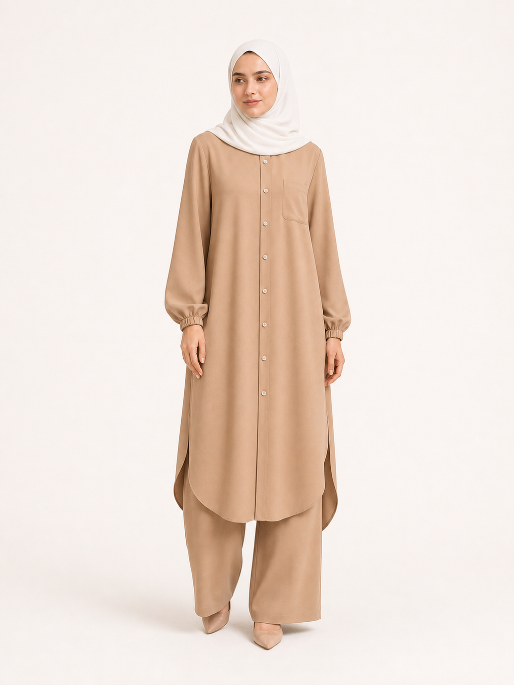 ZOALIN-SKU-COLOR-AUDIT-20260711-P02-01 | Soft Layered Button Tunic & Pants Set | Camel front view
