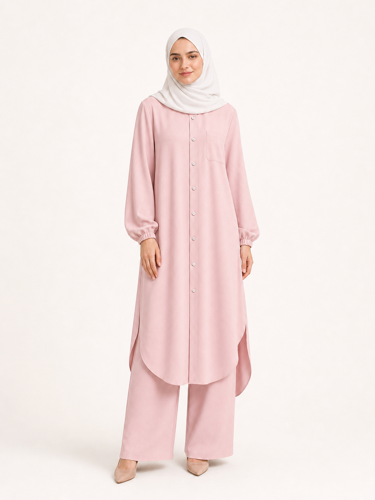 ZOALIN-SKU-COLOR-AUDIT-20260711-P02-02 | Soft Layered Button Tunic & Pants Set | Blush Pink front view