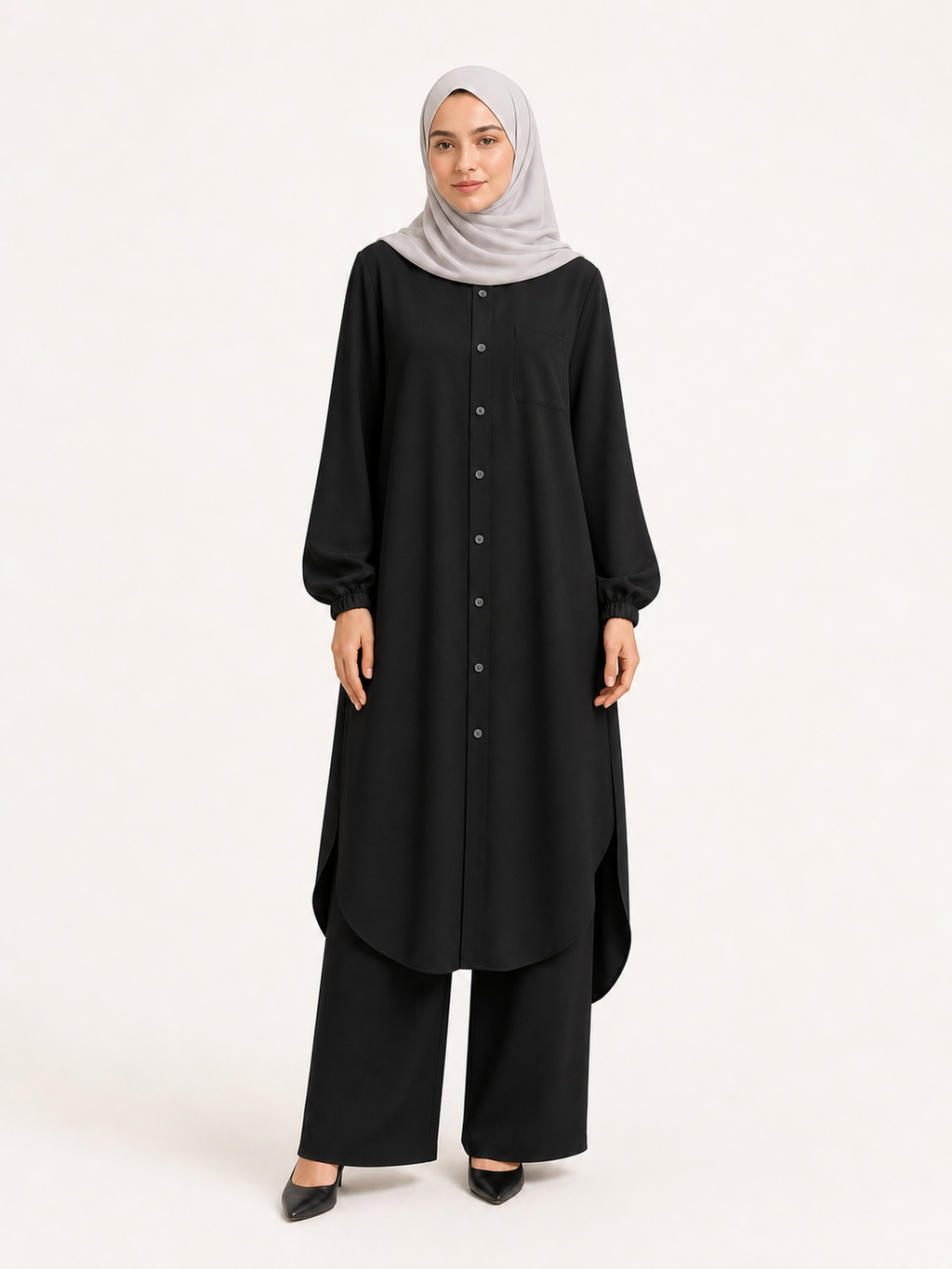 ZOALIN-SKU-COLOR-AUDIT-20260711-P02-04 | Soft Layered Button Tunic & Pants Set | Black front view