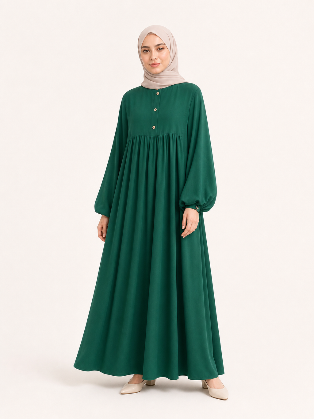 ZOALIN-SKU-COLOR-AUDIT-20260711-P06-02 | Soft Gathered Abaya Maxi Dress | Emerald Green front view