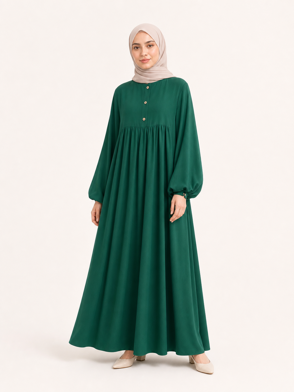 ZOALIN-SKU-COLOR-AUDIT-20260711-P06-02 | Soft Gathered Abaya Maxi Dress | Emerald Green front view