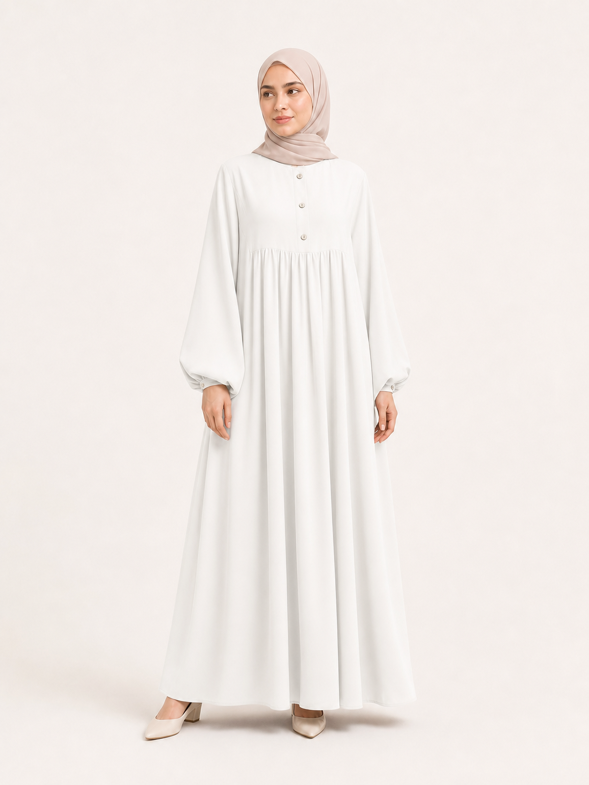 ZOALIN-SKU-COLOR-AUDIT-20260711-P06-05 | Soft Gathered Abaya Maxi Dress | Ivory front view