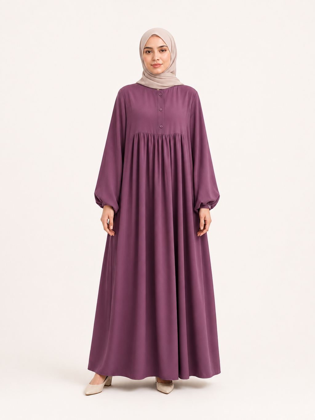 ZOALIN-SKU-COLOR-AUDIT-20260711-P06-04 | Soft Gathered Abaya Maxi Dress | Mauve front view