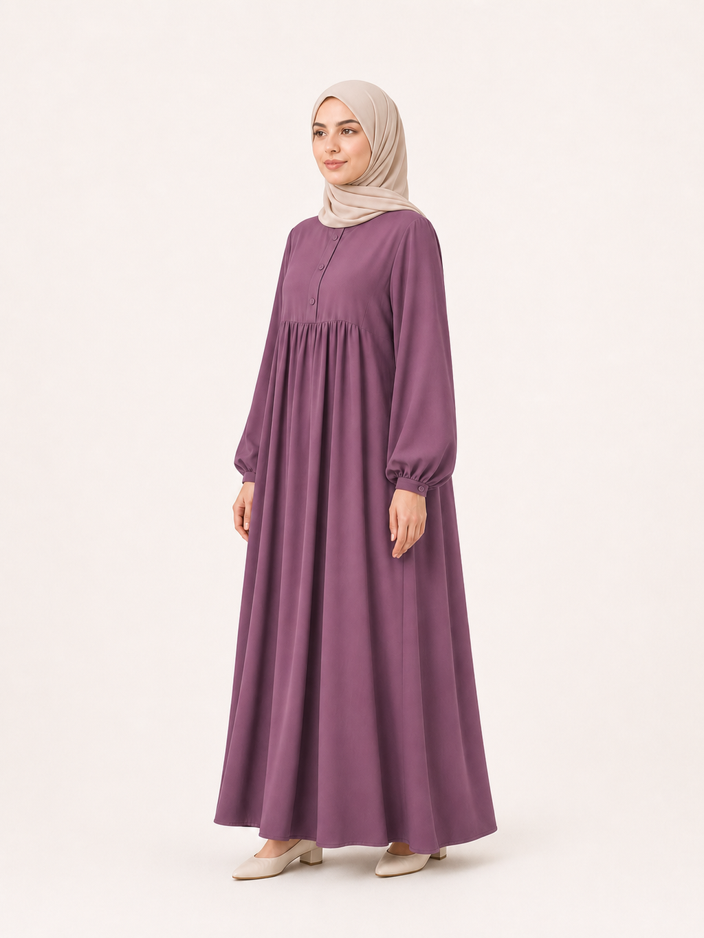 ZOALIN-P06-06-REPLACEMENT-20260711 | Soft Gathered Abaya Maxi Dress | Mauve side angle