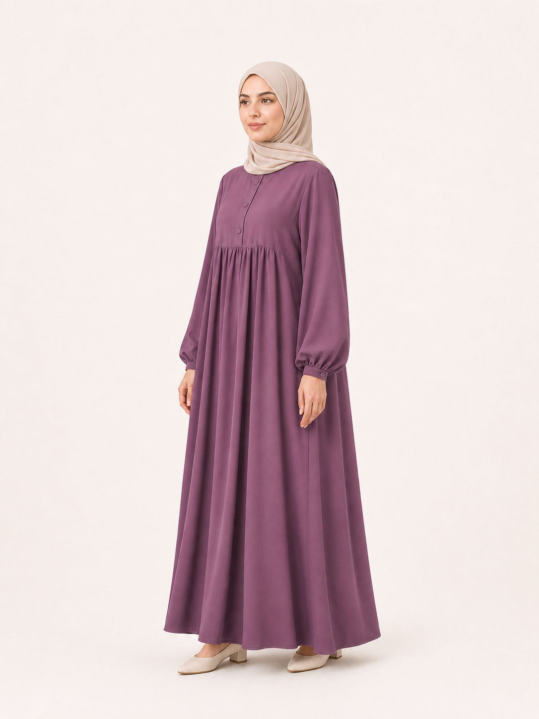 ZOALIN-P06-06-REPLACEMENT-20260711 | Soft Gathered Abaya Maxi Dress | Mauve side angle