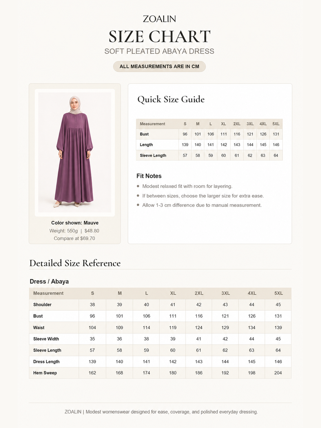 ZOALIN-GALLERY-UNIFIED-1200X1600-20260711-P06-08 | Soft Gathered Abaya Maxi Dress | Size chart
