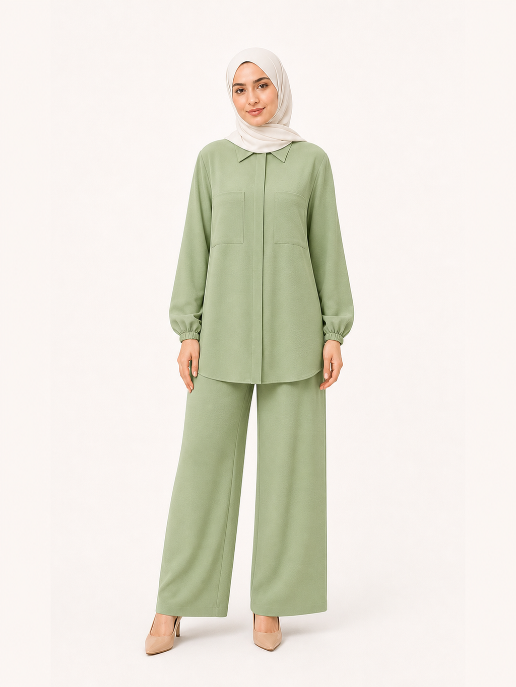 ZOALIN-SKU-COLOR-AUDIT-20260711-P09-01 | Tailored Collared Tunic & Wide-Leg Pants Set | Sage front view