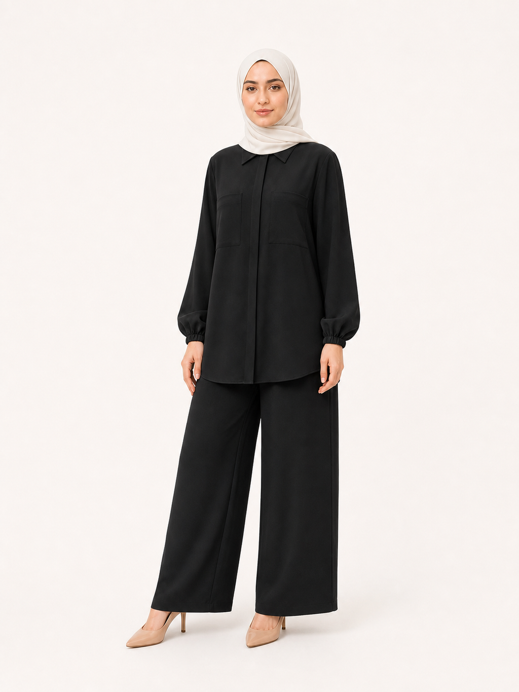 ZOALIN-SKU-COLOR-AUDIT-20260711-P09-02 | Tailored Collared Tunic & Wide-Leg Pants Set | Black front view