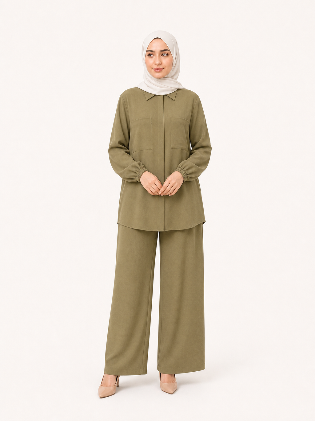 ZOALIN-SKU-COLOR-AUDIT-20260711-P09-04 | Tailored Collared Tunic & Wide-Leg Pants Set | Olive front view