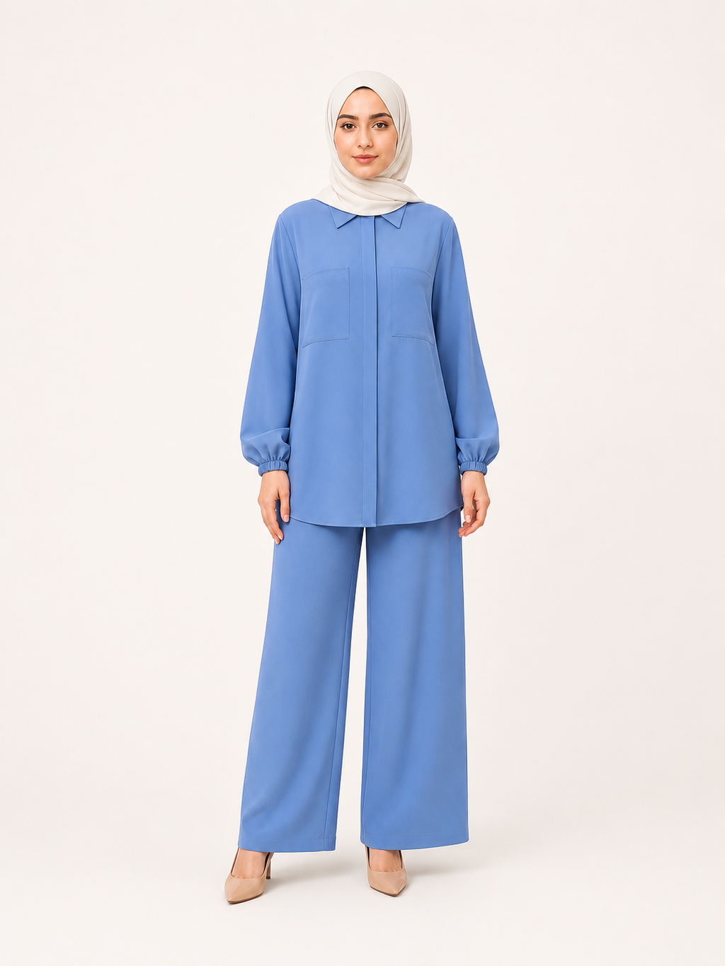 ZOALIN-SKU-COLOR-AUDIT-20260711-P09-03 | Tailored Collared Tunic & Wide-Leg Pants Set | Blue front view