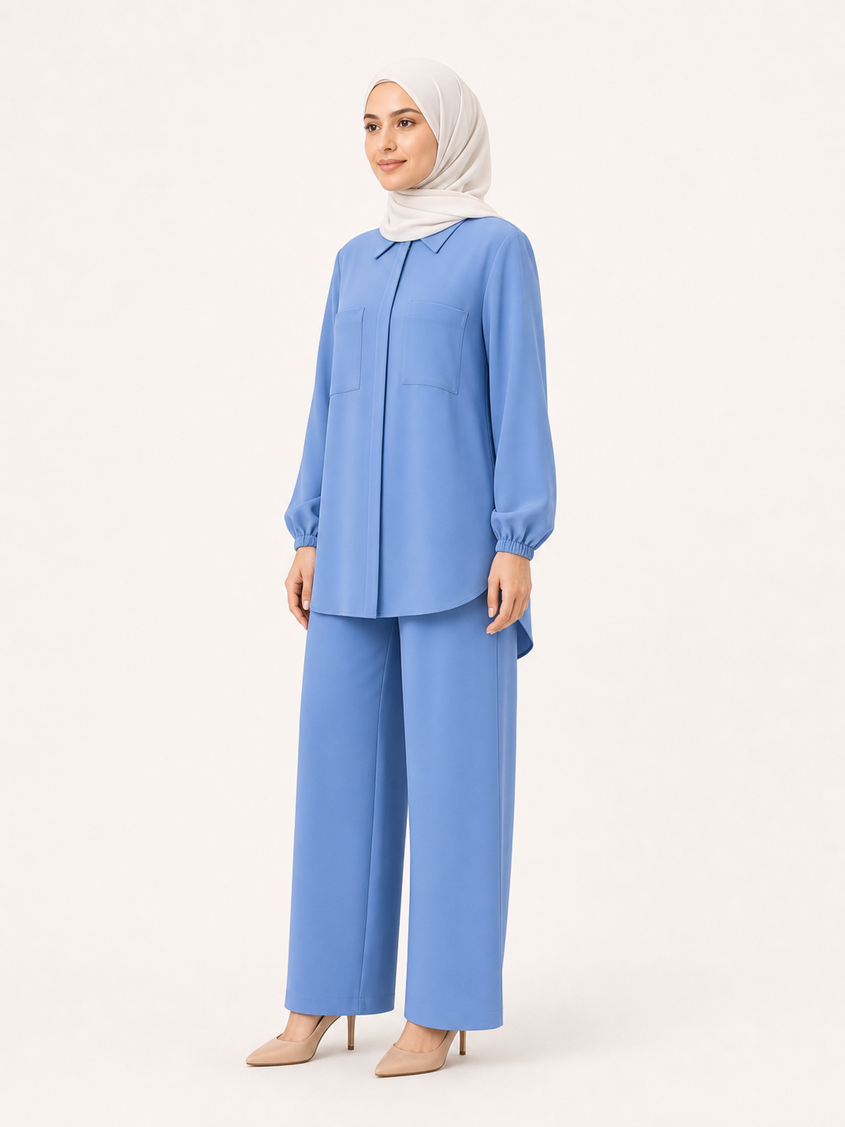 ZOALIN-GALLERY-UNIFIED-1200X1600-20260711-P09-05 | Tailored Collared Tunic & Wide-Leg Pants Set | Blue side angle